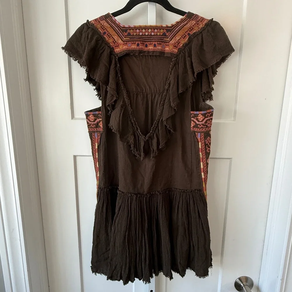 Free People Size‎ Small Embroidered Boho Mini Dress Brown Ruffle Sleeve Festival
